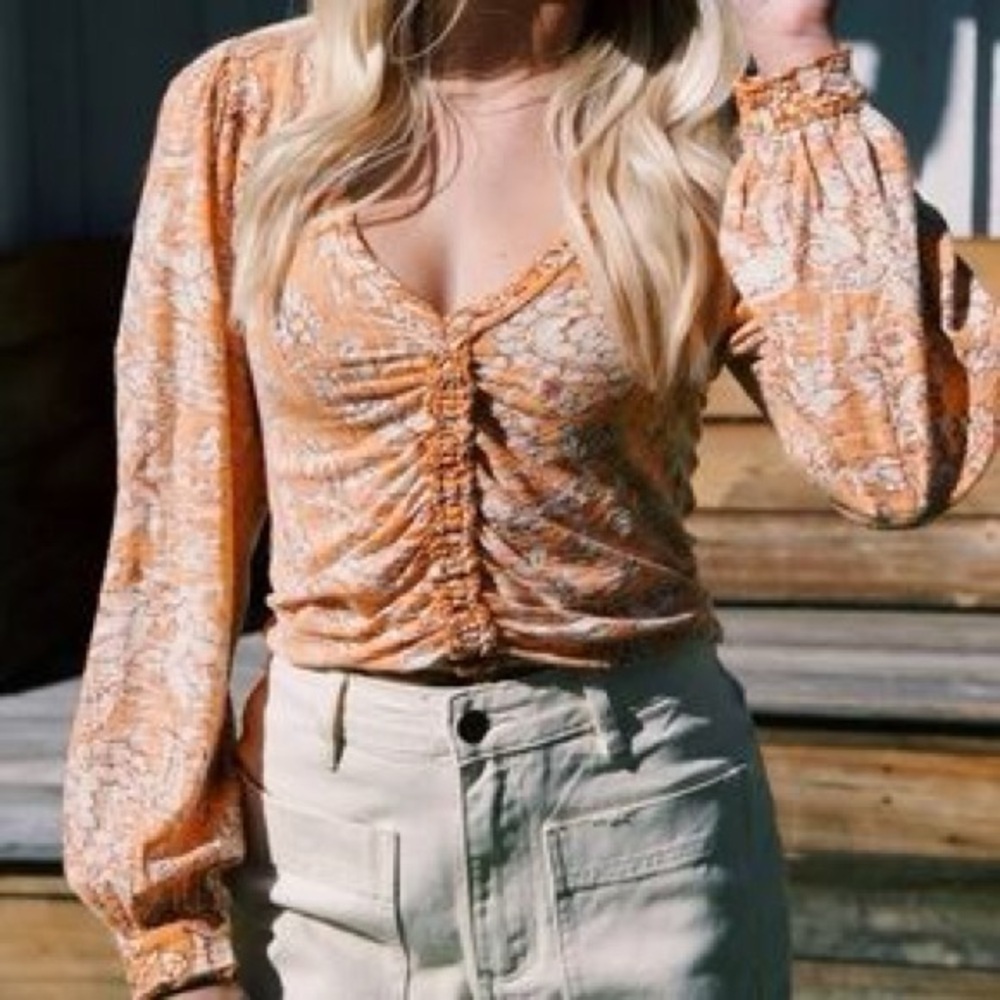 Free People Long Sleeve Say The Word Blouse Blood Orange Floral Size Small